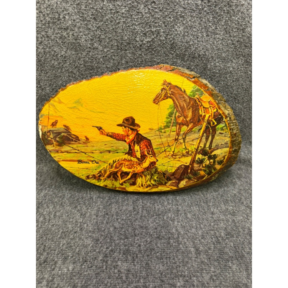 Vintage Burns Oregon Cowboy Wood Slice Plaque Rescuing Fawn Deer Western Decor